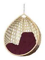 Подвесное кресло КАПЛЯ ЛЮКС с ротангом, бежевое, бордовая подушка (БЕЗ СТОЙКИ)