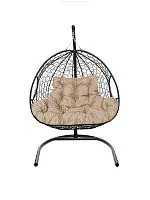 Подвесное кресло ДЛЯ ДВОИХ с ротангом чёрное, подушка Лен