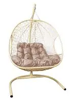Подвесное кресло ДЛЯ ДВОИХ с ротангом бежевое, бежевая подушка