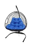Подвесное кресло ДЛЯ ДВОИХ с ротангом чёрное, синяя подушка