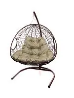 Подвесное кресло ДЛЯ ДВОИХ с ротангом коричневое, бежевая подушка