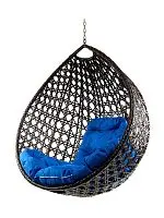 Подвесное кресло КАПЛЯ ЛЮКС с ротангом, коричневый, синяя подушка (БЕЗ СТОЙКИ)