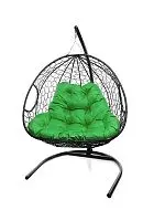 Подвесное кресло ДЛЯ ДВОИХ с ротангом чёрное, зелёная подушка