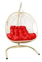 Подвесное кресло ДЛЯ ДВОИХ с ротангом бежевое, красная подушка