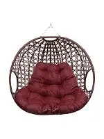 Подвесное кресло ДЛЯ ДВОИХ ЛЮКС, с ротангом, коричневый, бордовая подушка (БЕЗ СТОЙКИ)