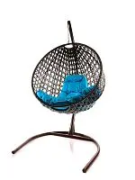 Подвесное кресло КРУГ ЛЮКС с ротангом коричневое, голубая подушка