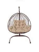 Подвесное кресло ДЛЯ ДВОИХ с ротангом коричневое, подушка Лен
