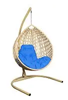 Подвесное кресло КАПЛЯ ЛЮКС с ротангом бежевое, голубая подушка