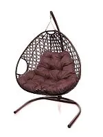 Подвесное кресло ДЛЯ ДВОИХ ЛЮКС с ротангом коричневое, бордовая подушка