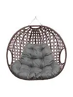 Подвесное кресло ДЛЯ ДВОИХ ЛЮКС, с ротангом, коричневый, серая подушка (БЕЗ СТОЙКИ)