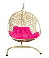 Подвесное кресло ДЛЯ ДВОИХ ЛЮКС с ротангом бежевое, розовая подушка