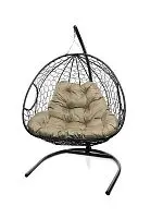 Подвесное кресло ДЛЯ ДВОИХ с ротангом чёрное, бежевая подушка