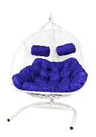 Подвесное кресло Добрыня  с ротангом белое, синяя  подушка (Ткань оксфорд)