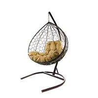 Подвесное кресло XL с ротангом коричневое, бежевая подушка