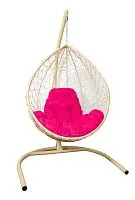 Подвесное кресло КАПЛЯ с ротангом бежевое, розовая подушка