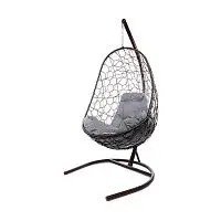 Подвесное кресло ОВАЛ с ротангом коричневое, серая подушка