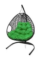 Подвесное кресло ДЛЯ ДВОИХ ЛЮКС с ротангом чёрное, зелёная подушка