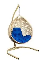 Подвесное кресло КАПЛЯ ЛЮКС с ротангом бежевое, синяя подушка