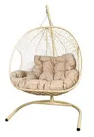 Подвесное кресло ДЛЯ ДВОИХ с ротангом бежевое, подушка Лен
