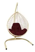 Подвесное кресло КАПЛЯ с ротангом бежевое, бордовая подушка