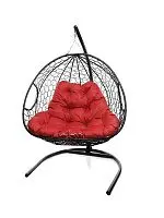 Подвесное кресло ДЛЯ ДВОИХ с ротангом чёрное, красная подушка