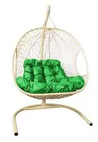 Подвесное кресло ДЛЯ ДВОИХ с ротангом бежевое, зелёная подушка