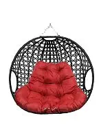 Подвесное кресло ДЛЯ ДВОИХ ЛЮКС, с ротангом, чёрный, красная подушка (БЕЗ СТОЙКИ)