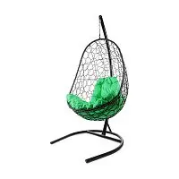 Подвесное кресло ОВАЛ с ротангом чёрное, зелёная подушка