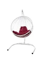 Подвесное кресло КРУГ с ротангом белое, бордовая подушка