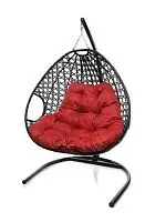 Подвесное кресло ДЛЯ ДВОИХ ЛЮКС с ротангом чёрное, красная подушка