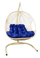 Подвесное кресло ДЛЯ ДВОИХ с ротангом бежевое, синяя подушка