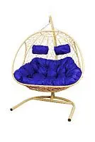 Подвесное кресло Добрыня  с ротангом бежевое,синяя   подушка (Ткань оксфорд)