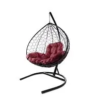 Подвесное кресло XL с ротангом чёрное, бордовая подушка