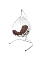 Подвесное кресло КАПЛЯ ЛЮКС с ротангом белое, коричневая подушка