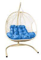 Подвесное кресло ДЛЯ ДВОИХ с ротангом бежевое, голубая подушка, шт