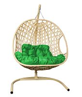 Подвесное кресло ДЛЯ ДВОИХ ЛЮКС с ротангом бежевое, зелёная подушка
