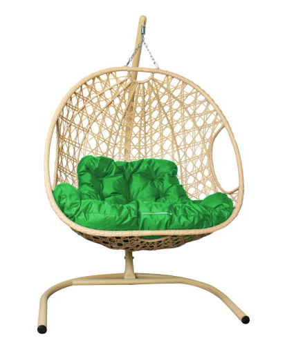 Подвесное кресло ДЛЯ ДВОИХ ЛЮКС с ротангом бежевое, зелёная подушка - купить в интернет-магазине Diopt.ru