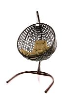 Подвесное кресло КРУГ ЛЮКС с ротангом коричневое, бежевая подушка