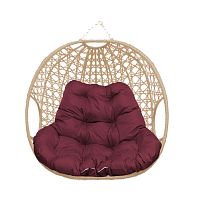Подвесное кресло ДЛЯ ДВОИХ ЛЮКС, с ротангом, бежевое, бордовая подушка (БЕЗ СТОЙКИ)