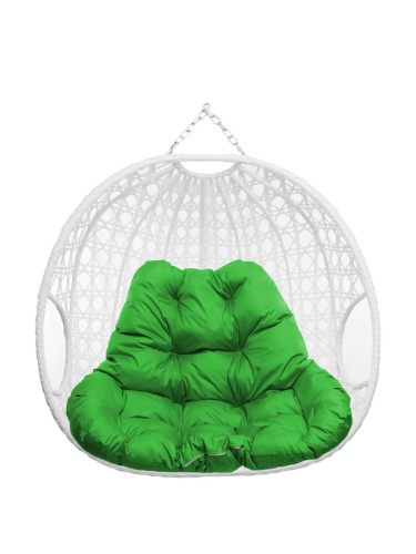 Подвесное кресло ДЛЯ ДВОИХ ЛЮКС, с ротангом, белый, зелёная подушка (БЕЗ СТОЙКИ) - купить в интернет-магазине Diopt.ru