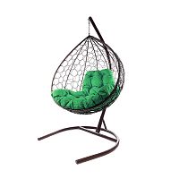 Подвесное кресло XL с ротангом коричневое, зелёная подушка