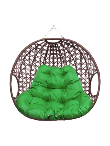 Подвесное кресло ДЛЯ ДВОИХ ЛЮКС, с ротангом, коричневый, зелёная подушка (БЕЗ СТОЙКИ) - купить в интернет-магазине Diopt.ru