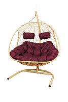 Подвесное кресло Добрыня  с ротангом бежевое,бордовая подушка (Ткань оксфорд)
