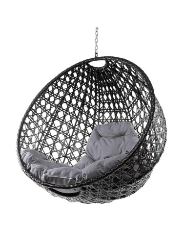 Подвесное кресло КРУГ ЛЮКС с ротангом, чёрный, серая подушка (БЕЗ СТОЙКИ) - купить в интернет-магазине Diopt.ru