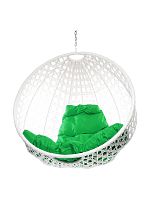 Подвесное кресло КРУГ ЛЮКС с ротангом, белый, зелёная подушка (БЕЗ СТОЙКИ)