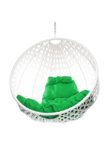 Подвесное кресло КРУГ ЛЮКС с ротангом, белый, зелёная подушка (БЕЗ СТОЙКИ) - купить в интернет-магазине Diopt.ru