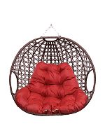 Подвесное кресло ДЛЯ ДВОИХ ЛЮКС, с ротангом, коричневый, красная подушка (БЕЗ СТОЙКИ)