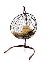 Подвесное кресло КРУГ с ротангом коричневое, бежевая подушка