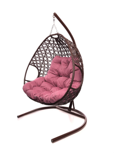 Подвесное кресло ДЛЯ ДВОИХ ЛЮКС с ротангом коричневое, розовая подушка - купить в интернет-магазине Diopt.ru