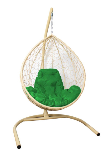 Подвесное кресло КАПЛЯ с ротангом бежевое, зелёная подушка - купить в интернет-магазине Diopt.ru
